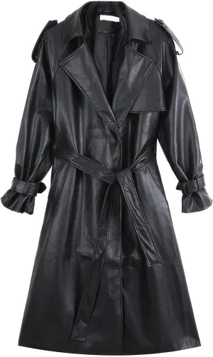 Women's PU Faux Leather Long Trench Coat