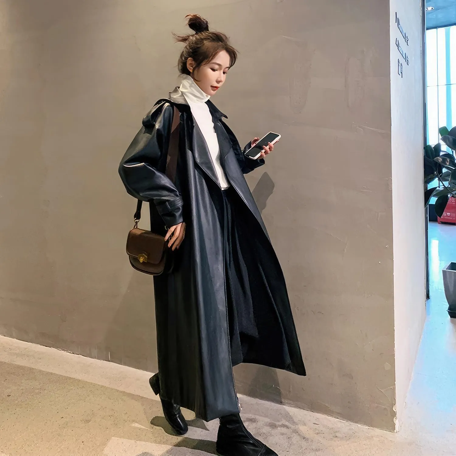 Women's PU Faux Leather Long Trench Coat