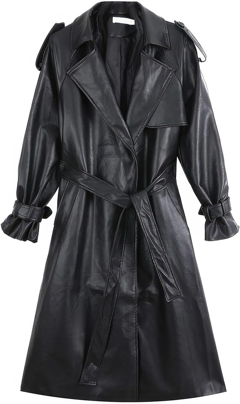 Women's PU Faux Leather Long Trench Coat