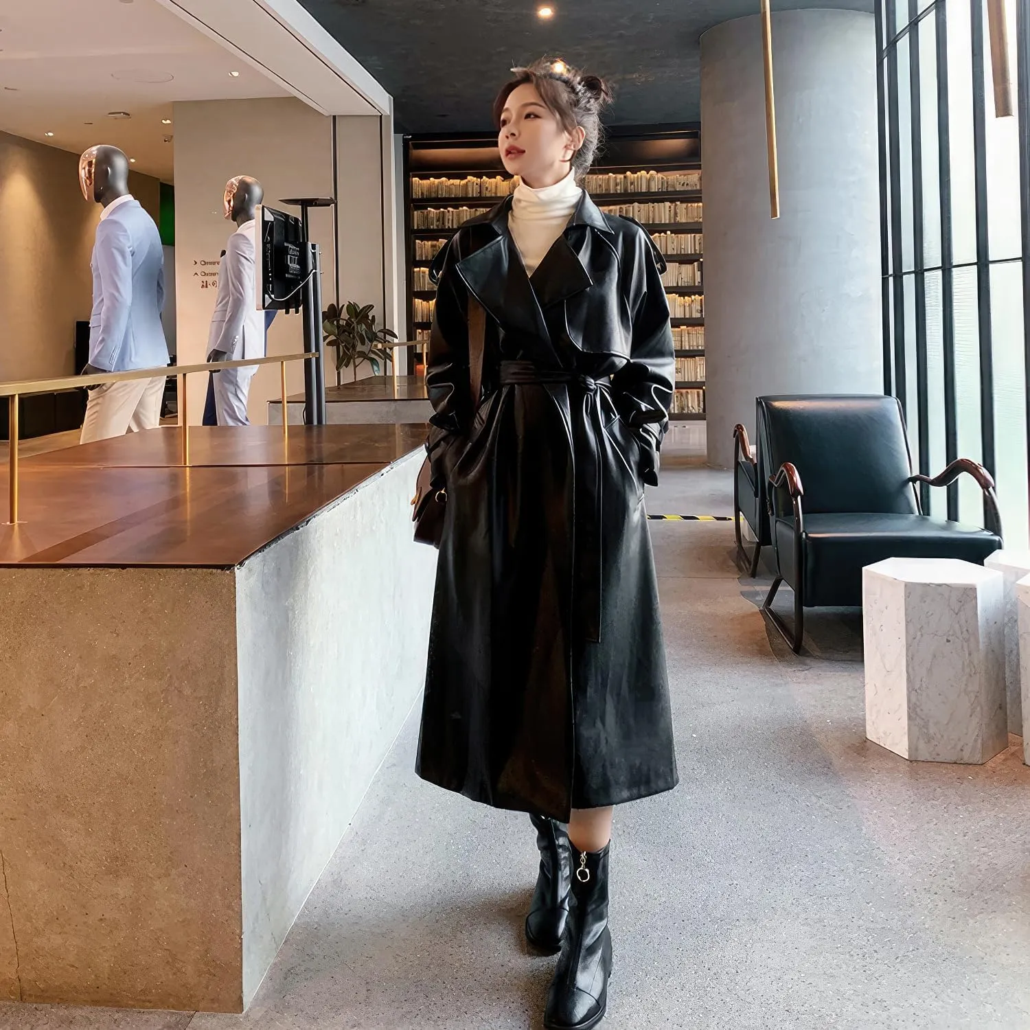 Women's PU Faux Leather Long Trench Coat