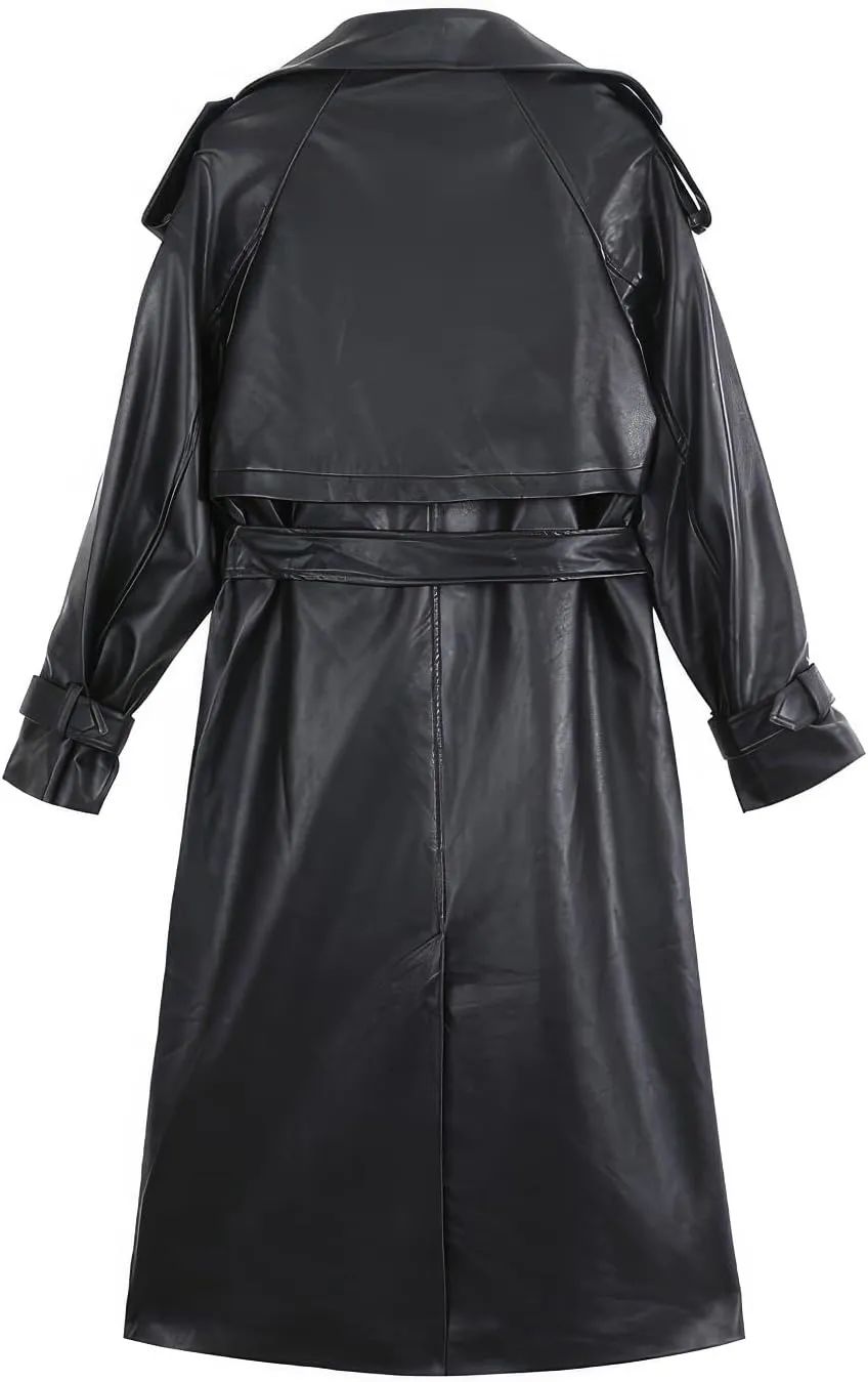 Women's PU Faux Leather Long Trench Coat