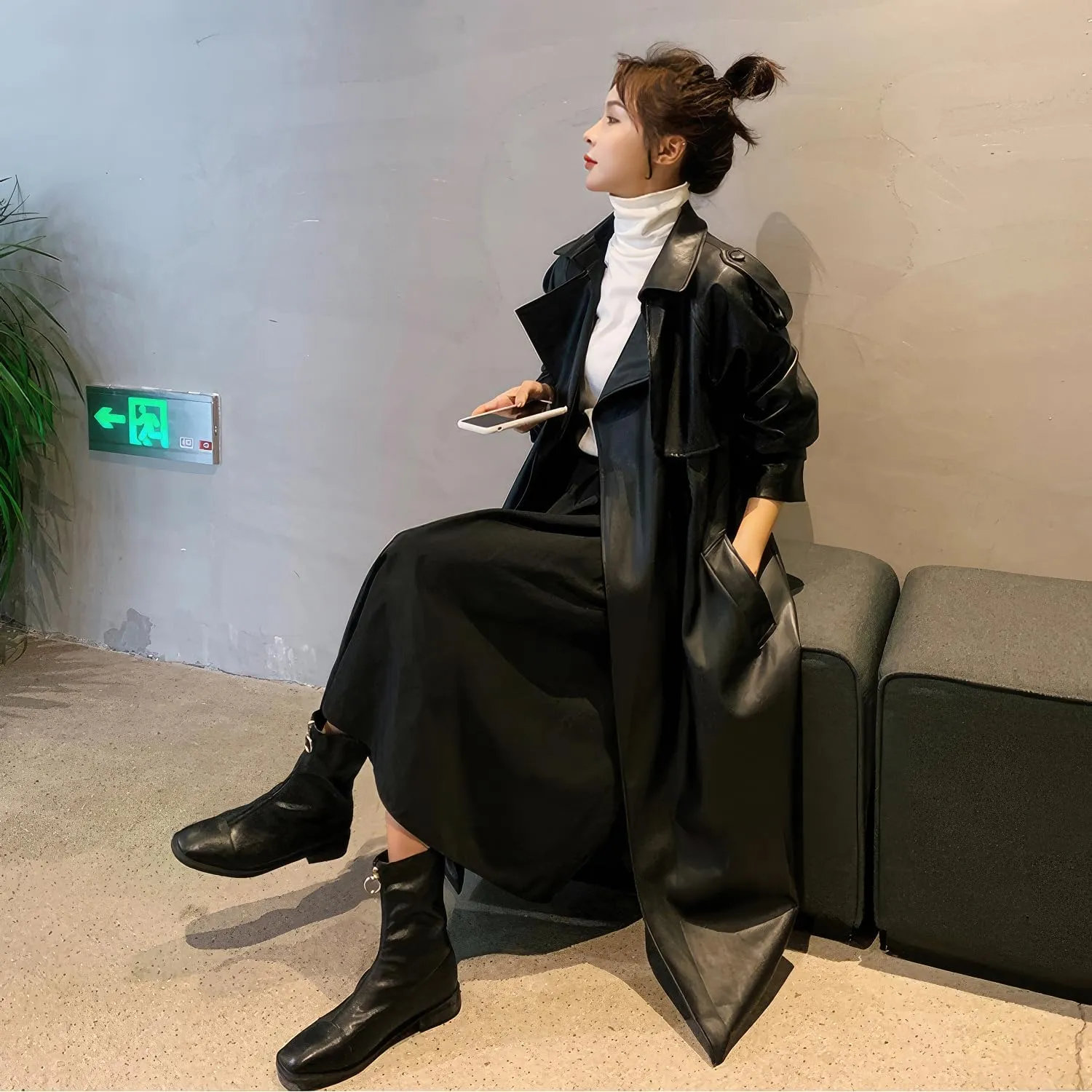 Women's PU Faux Leather Long Trench Coat