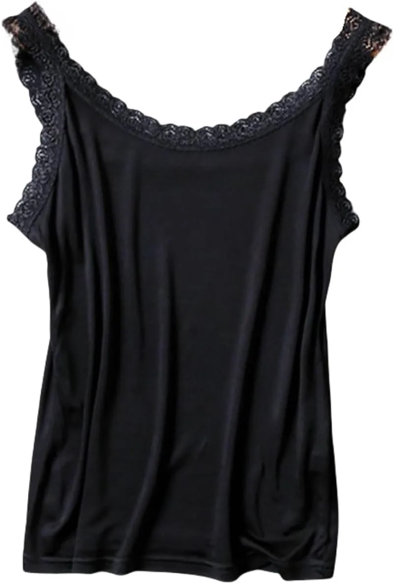 Women's Silk Camisole Top with Lace Trim - V-Neck Sleeveless Blouse,Breathable Mulberry Silk,Beach Vacation Outfits