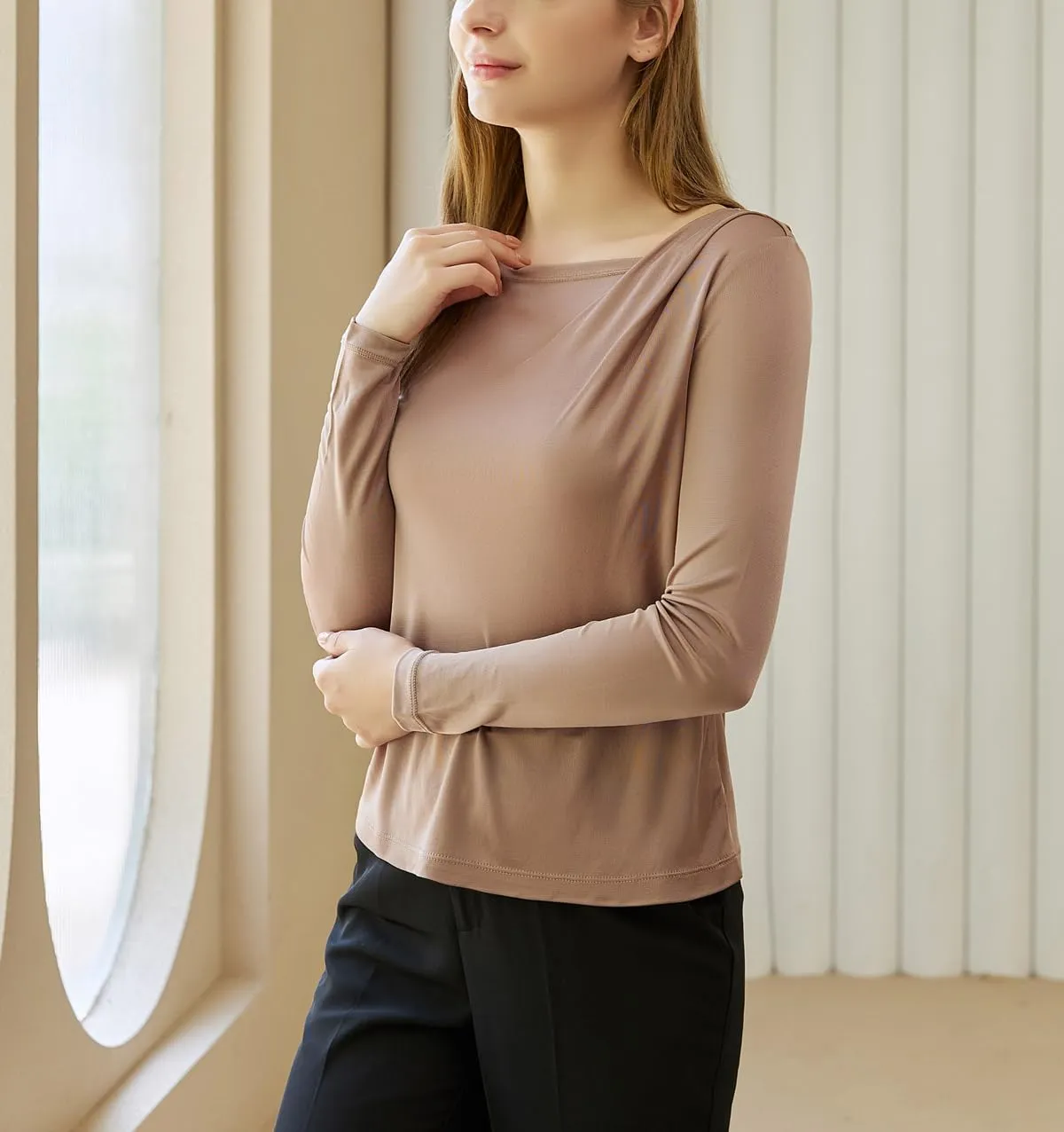 Women's Silk Top Long Sleeve Pure Silk T Shirt Breathable Thermal Undershirt Ultra Soft Silk Blouse
