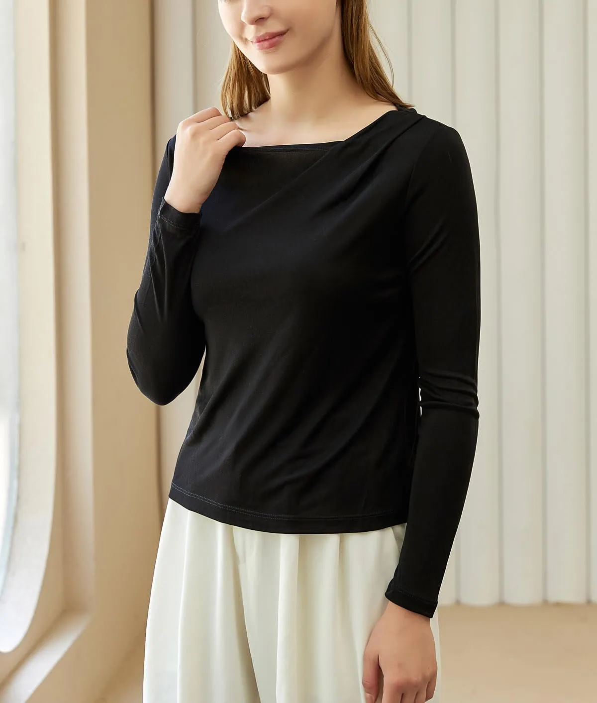Women's Silk Top Long Sleeve Pure Silk T Shirt Breathable Thermal Undershirt Ultra Soft Silk Blouse