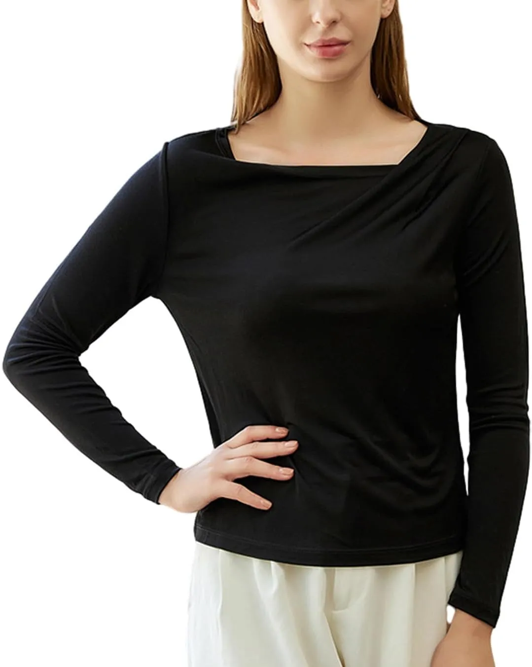 Women's Silk Top Long Sleeve Pure Silk T Shirt Breathable Thermal Undershirt Ultra Soft Silk Blouse