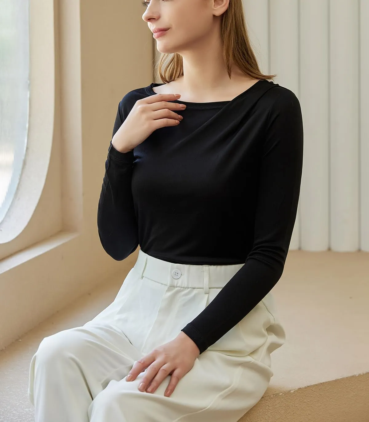 Women's Silk Top Long Sleeve Pure Silk T Shirt Breathable Thermal Undershirt Ultra Soft Silk Blouse