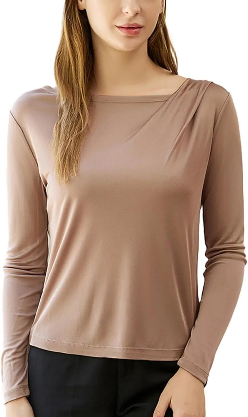 Women's Silk Top Long Sleeve Pure Silk T Shirt Breathable Thermal Undershirt Ultra Soft Silk Blouse