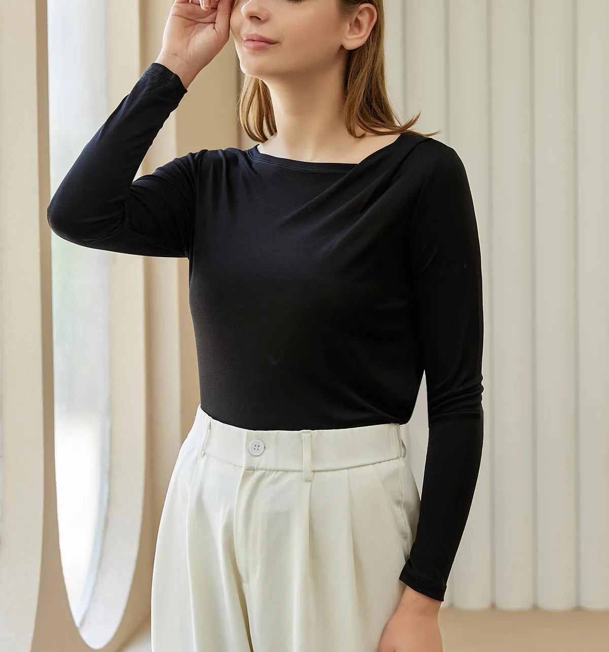 Women's Silk Top Long Sleeve Pure Silk T Shirt Breathable Thermal Undershirt Ultra Soft Silk Blouse