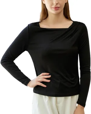 Women's Silk Top Long Sleeve Pure Silk T Shirt Breathable Thermal Undershirt Ultra Soft Silk Blouse