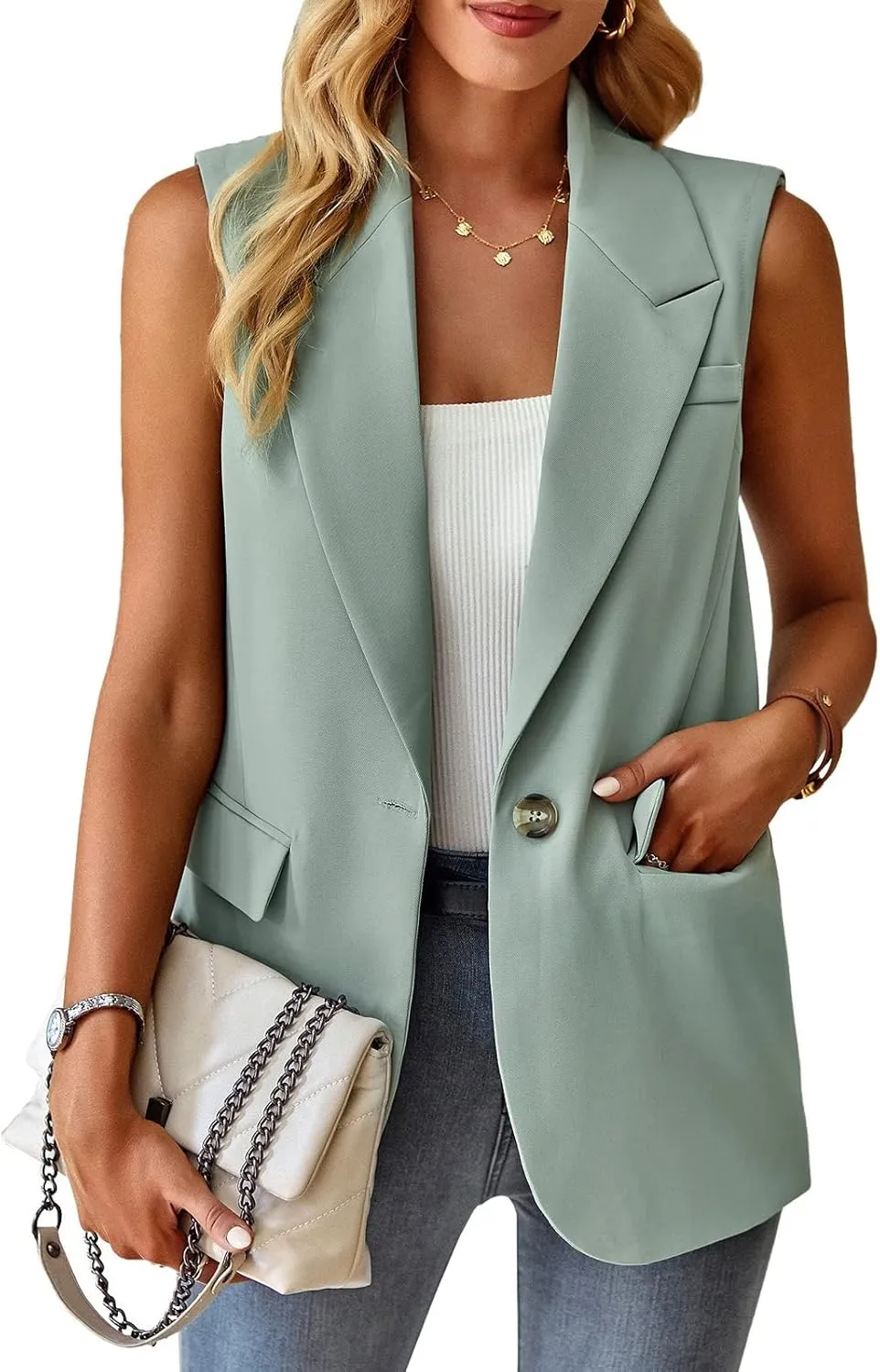 Womens Sleeveless Blazer Vest Open Front Lightweight Casual Blazer Fashion Work Office Waistcoat Vest with Pockets