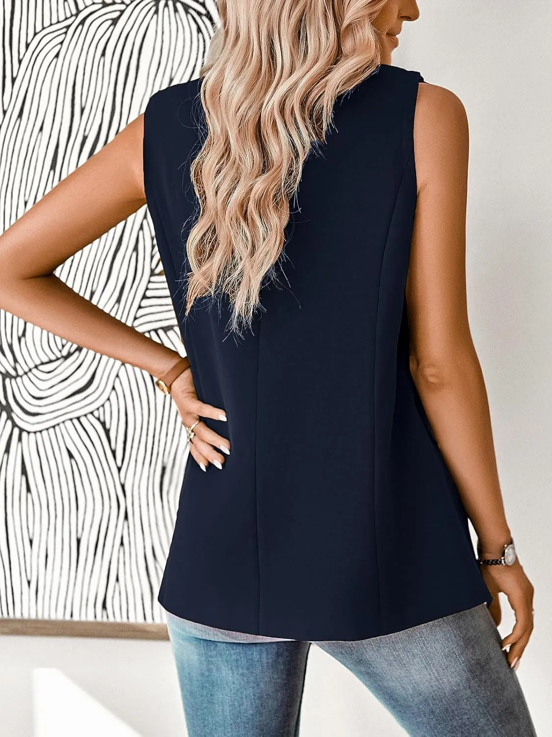 Womens Sleeveless Blazer Vest Open Front Lightweight Casual Blazer Fashion Work Office Waistcoat Vest with Pockets