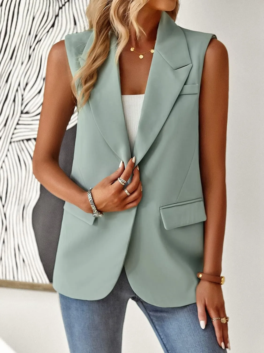 Womens Sleeveless Blazer Vest Open Front Lightweight Casual Blazer Fashion Work Office Waistcoat Vest with Pockets