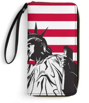 Women's Statue of Liberty American Flag PU Leather Clutch with Wristlet, 7.8x4.1x1.4 Inch Compact Wallet for Daily Essentials, Fashionable and Functional Design