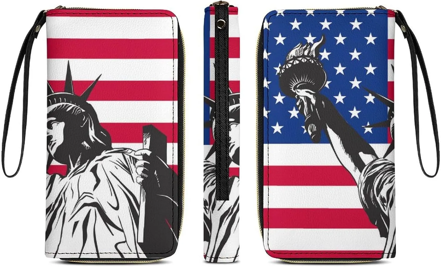 Women's Statue of Liberty American Flag PU Leather Clutch with Wristlet, 7.8x4.1x1.4 Inch Compact Wallet for Daily Essentials, Fashionable and Functional Design