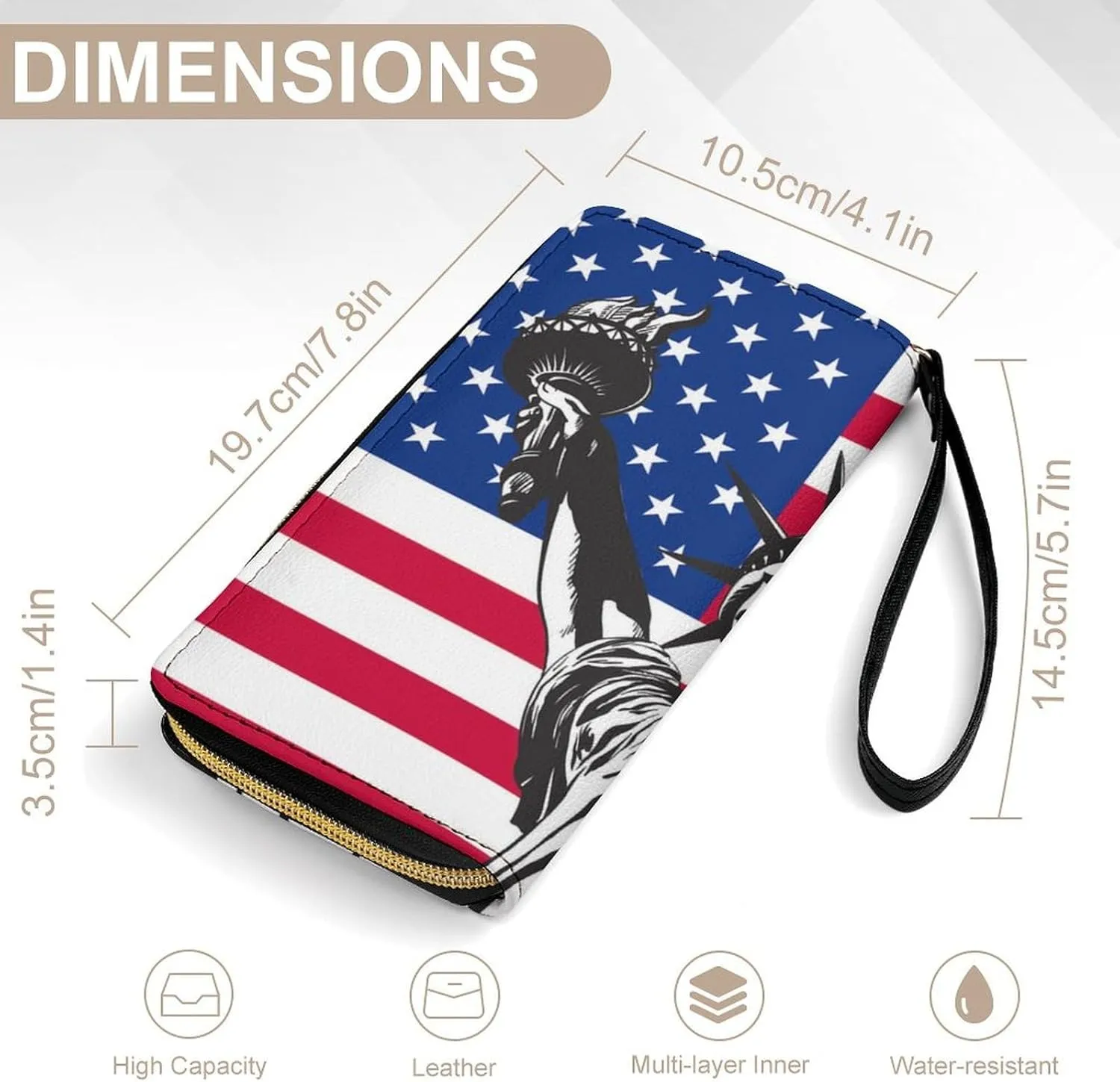 Women's Statue of Liberty American Flag PU Leather Clutch with Wristlet, 7.8x4.1x1.4 Inch Compact Wallet for Daily Essentials, Fashionable and Functional Design