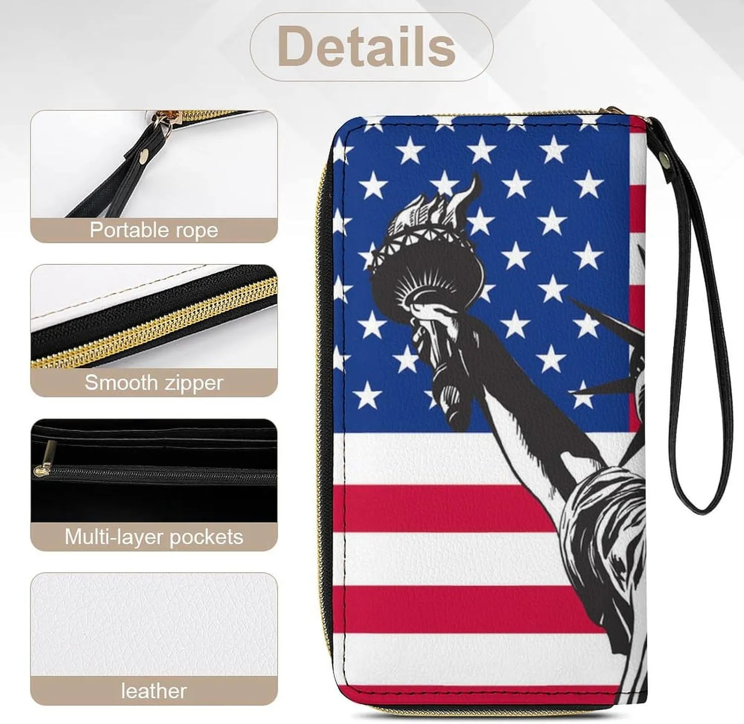 Women's Statue of Liberty American Flag PU Leather Clutch with Wristlet, 7.8x4.1x1.4 Inch Compact Wallet for Daily Essentials, Fashionable and Functional Design