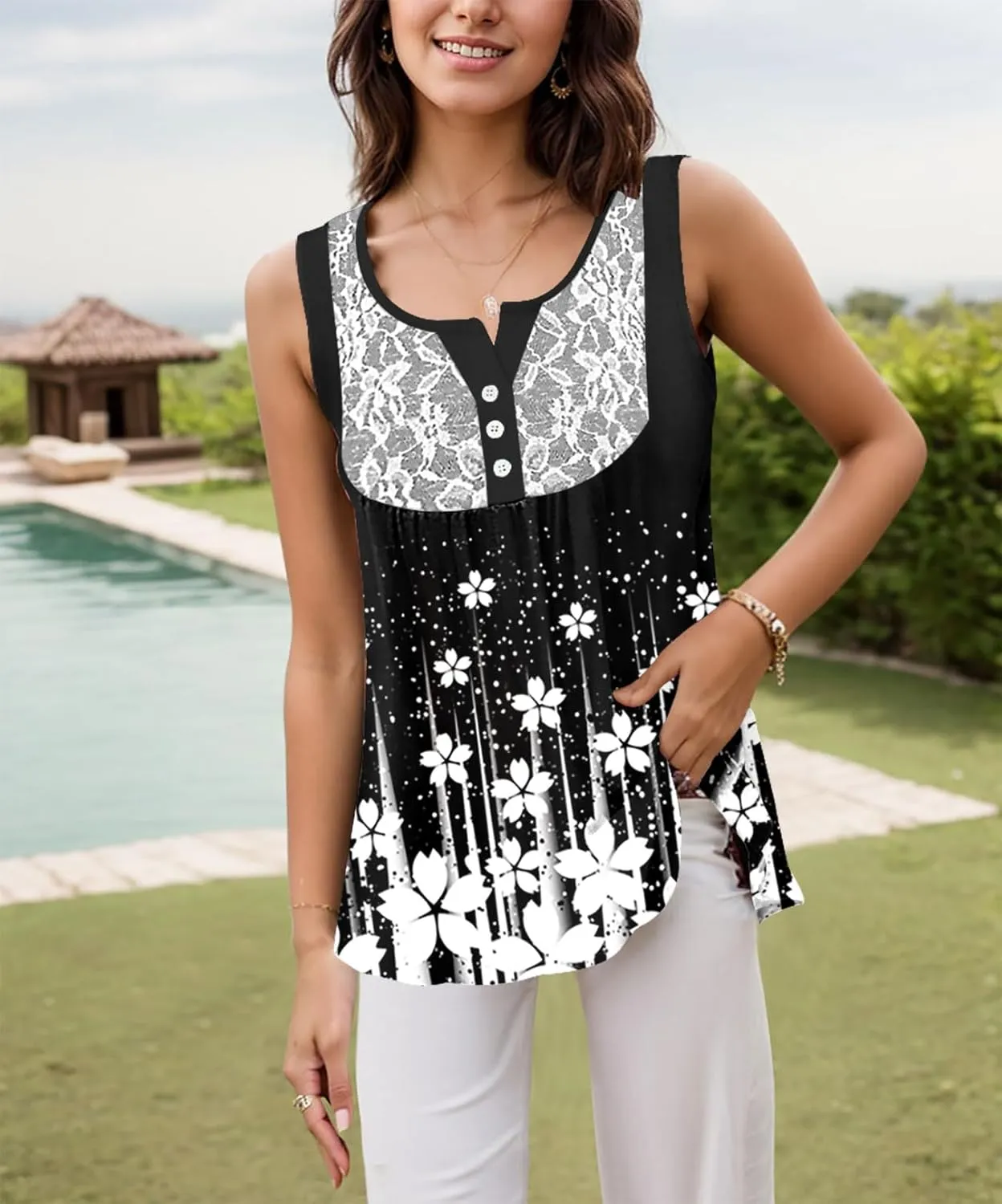 Womens Summer Tank Tops Trendy Lace Patchwork V Neck Sleeveless Shirt Dressy Casual Loose Blouses with Button