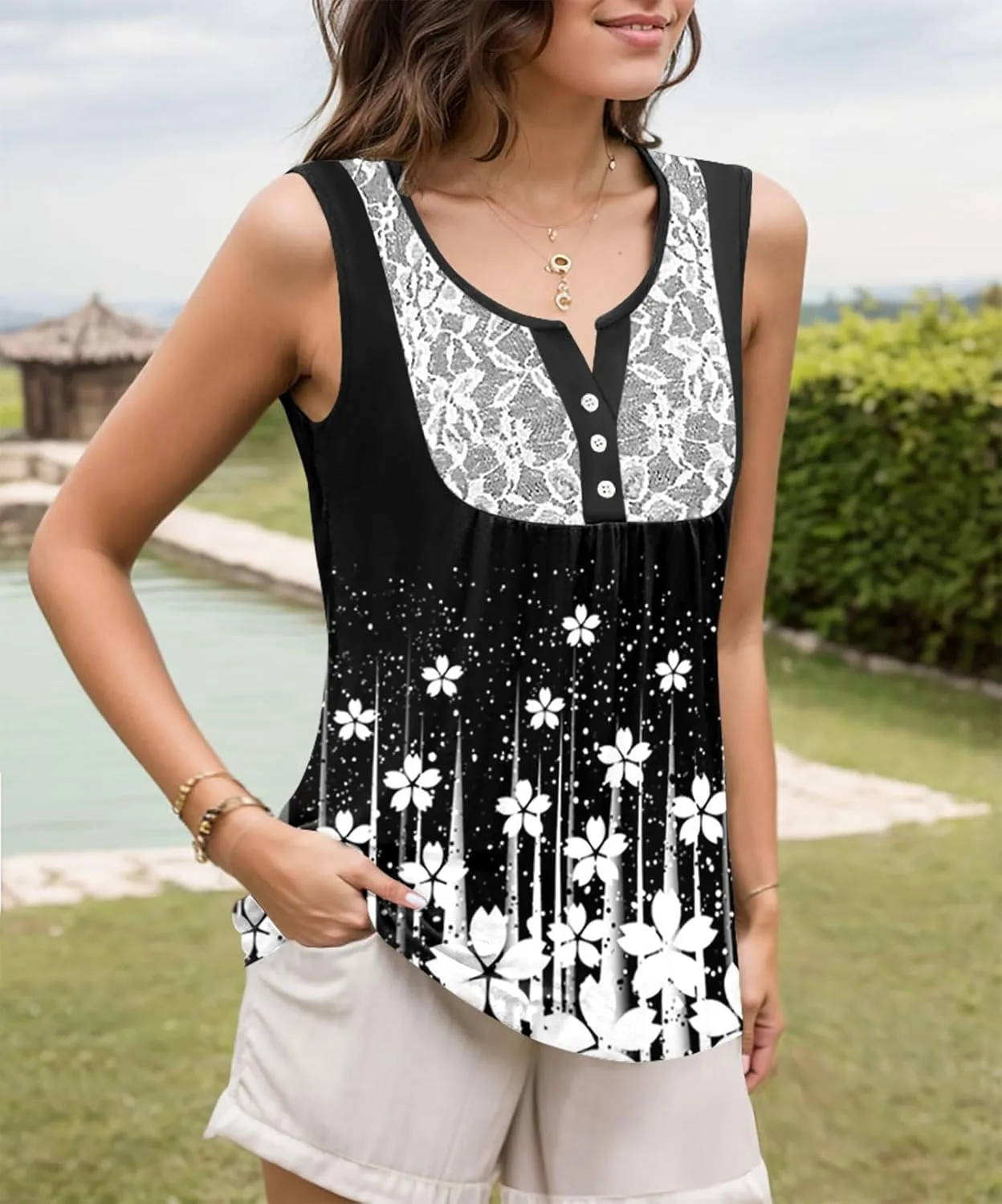 Womens Summer Tank Tops Trendy Lace Patchwork V Neck Sleeveless Shirt Dressy Casual Loose Blouses with Button