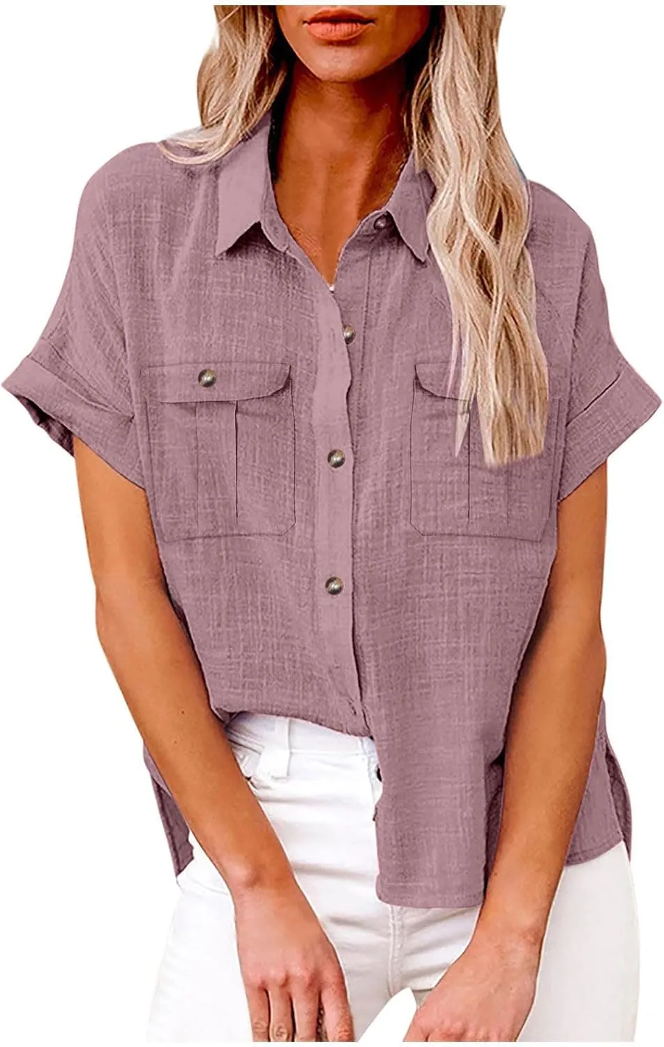 Womens V Neck Short Sleeve Button Down Shirts Trendy Casual Business Basic Tees Daily Going Out Ladies Summer Tops