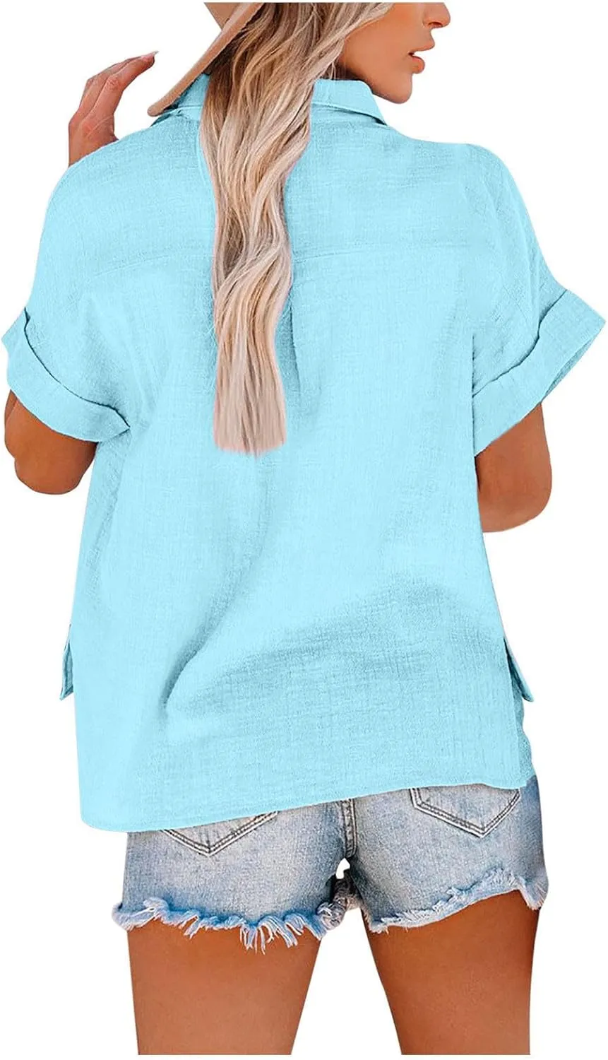 Womens V Neck Short Sleeve Button Down Shirts Trendy Casual Business Basic Tees Daily Going Out Ladies Summer Tops