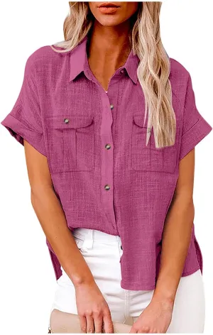 Womens V Neck Short Sleeve Button Down Shirts Trendy Casual Business Basic Tees Daily Going Out Ladies Summer Tops