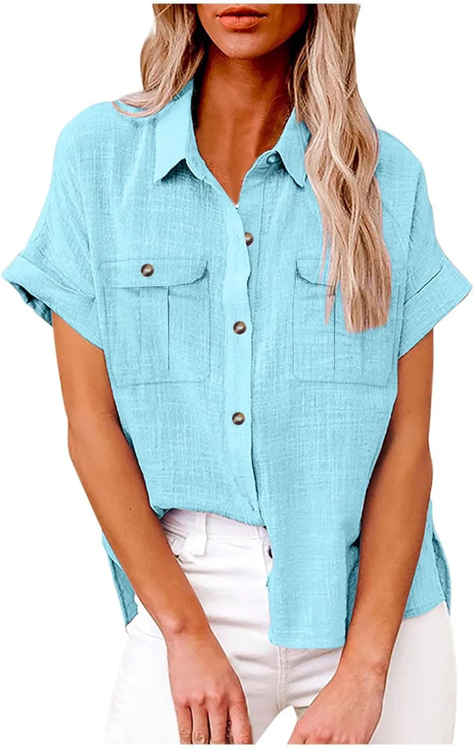 Womens V Neck Short Sleeve Button Down Shirts Trendy Casual Business Basic Tees Daily Going Out Ladies Summer Tops