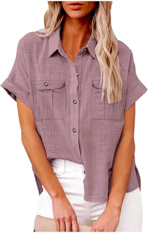 Womens V Neck Short Sleeve Button Down Shirts Trendy Casual Business Basic Tees Daily Going Out Ladies Summer Tops
