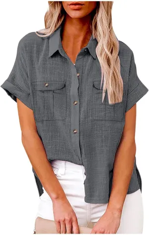 Womens V Neck Short Sleeve Button Down Shirts Trendy Casual Business Basic Tees Daily Going Out Ladies Summer Tops