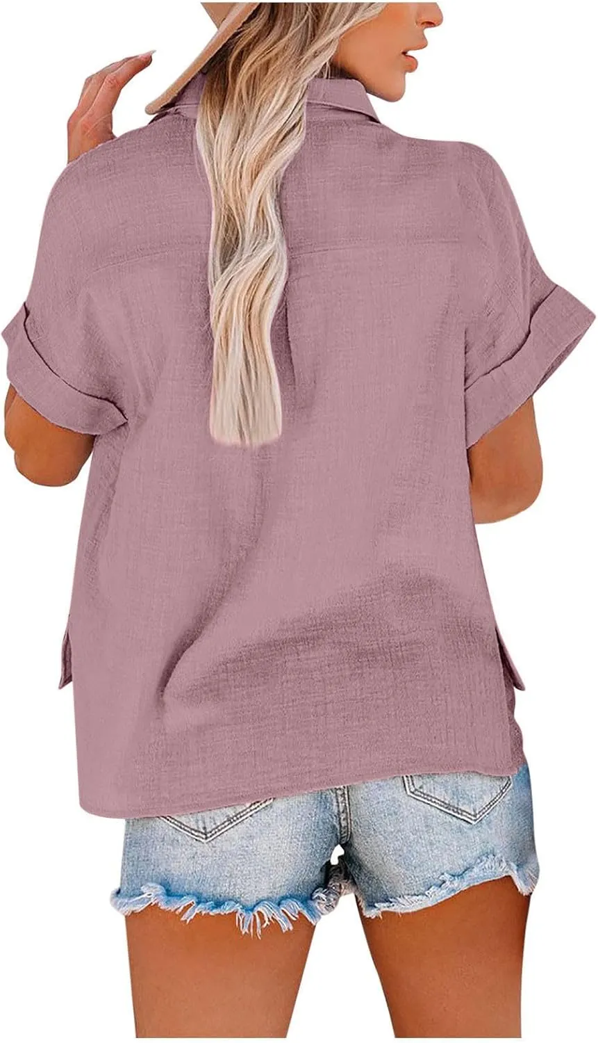 Womens V Neck Short Sleeve Button Down Shirts Trendy Casual Business Basic Tees Daily Going Out Ladies Summer Tops