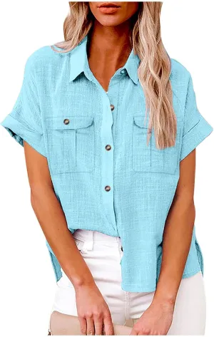 Womens V Neck Short Sleeve Button Down Shirts Trendy Casual Business Basic Tees Daily Going Out Ladies Summer Tops