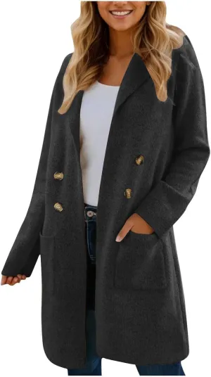 Wool Trench Coat Women Double Breasted Mid Long Coats Jacket Notch Collar Loose Fit Jackets Winter Peacoat with Pocket