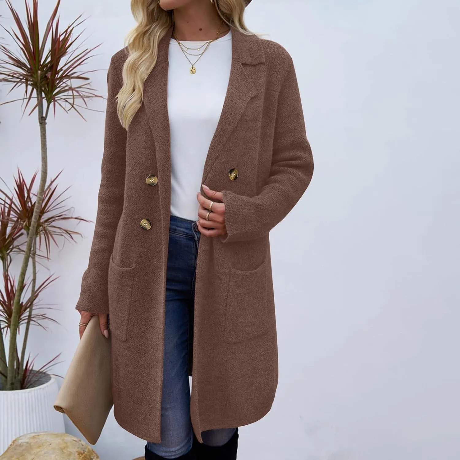 Wool Trench Coat Women Double Breasted Mid Long Coats Jacket Notch Collar Loose Fit Jackets Winter Peacoat with Pocket