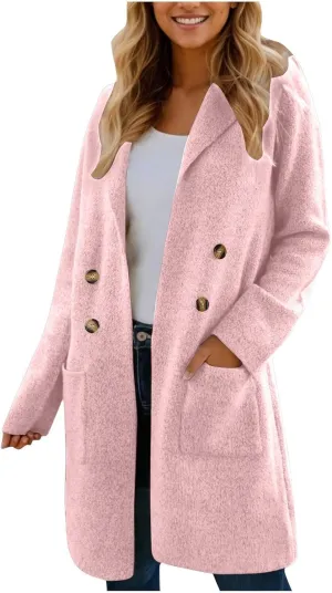 Wool Trench Coat Women Double Breasted Mid Long Coats Jacket Notch Collar Loose Fit Jackets Winter Peacoat with Pocket