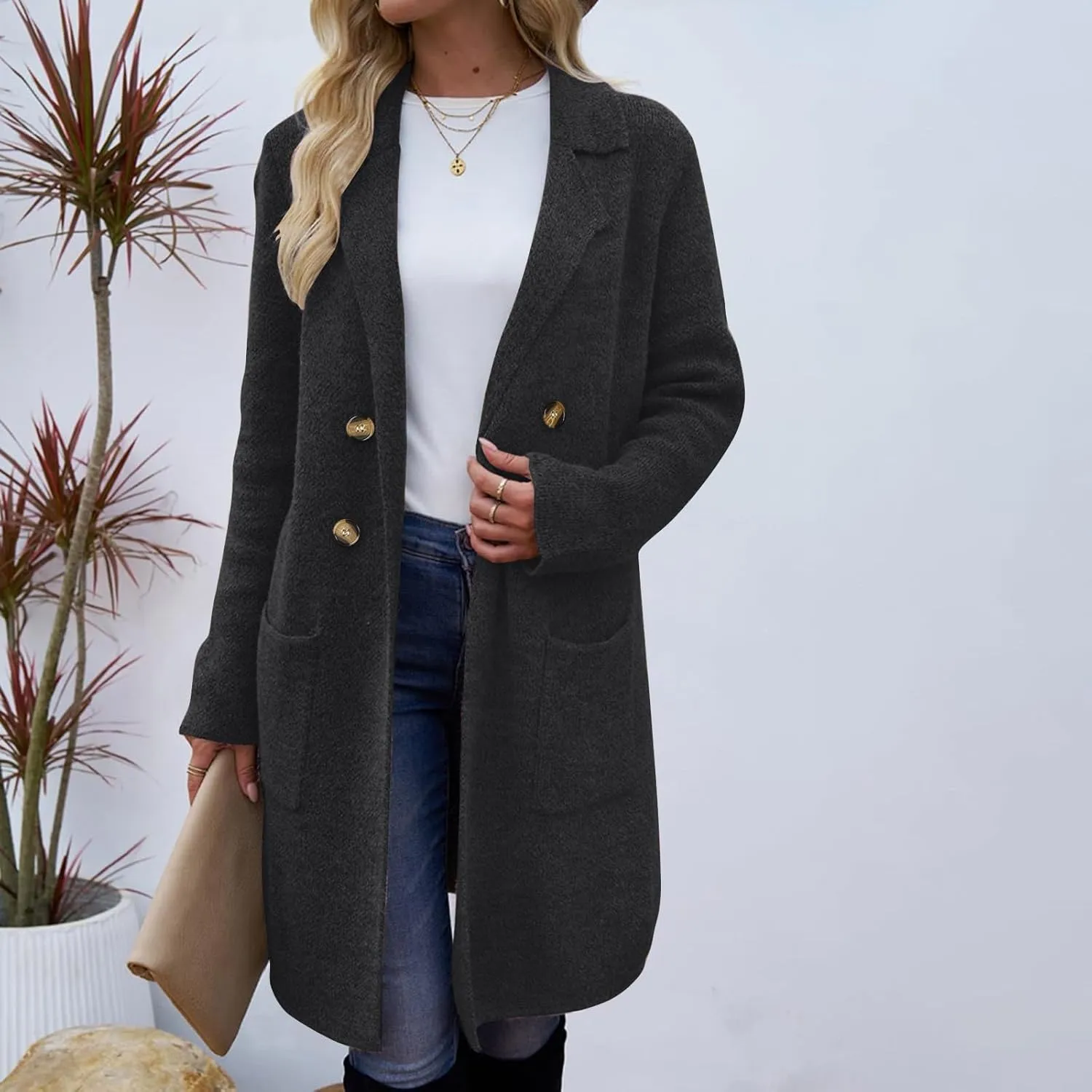 Wool Trench Coat Women Double Breasted Mid Long Coats Jacket Notch Collar Loose Fit Jackets Winter Peacoat with Pocket