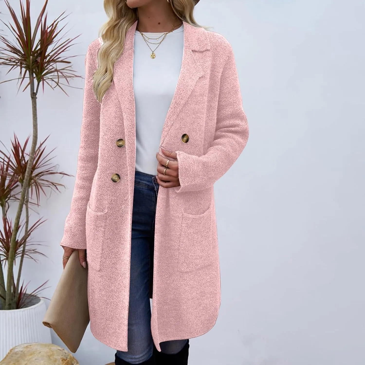 Wool Trench Coat Women Double Breasted Mid Long Coats Jacket Notch Collar Loose Fit Jackets Winter Peacoat with Pocket