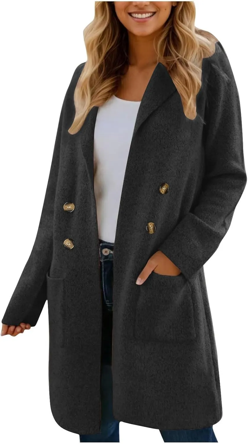 Wool Trench Coat Women Double Breasted Mid Long Coats Jacket Notch Collar Loose Fit Jackets Winter Peacoat with Pocket