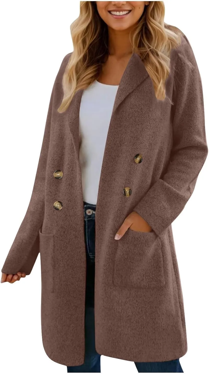 Wool Trench Coat Women Double Breasted Mid Long Coats Jacket Notch Collar Loose Fit Jackets Winter Peacoat with Pocket