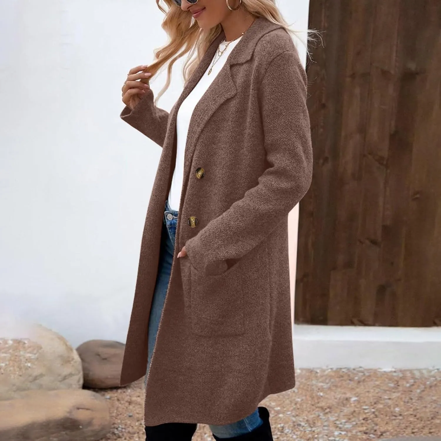 Wool Trench Coat Women Double Breasted Mid Long Coats Jacket Notch Collar Loose Fit Jackets Winter Peacoat with Pocket