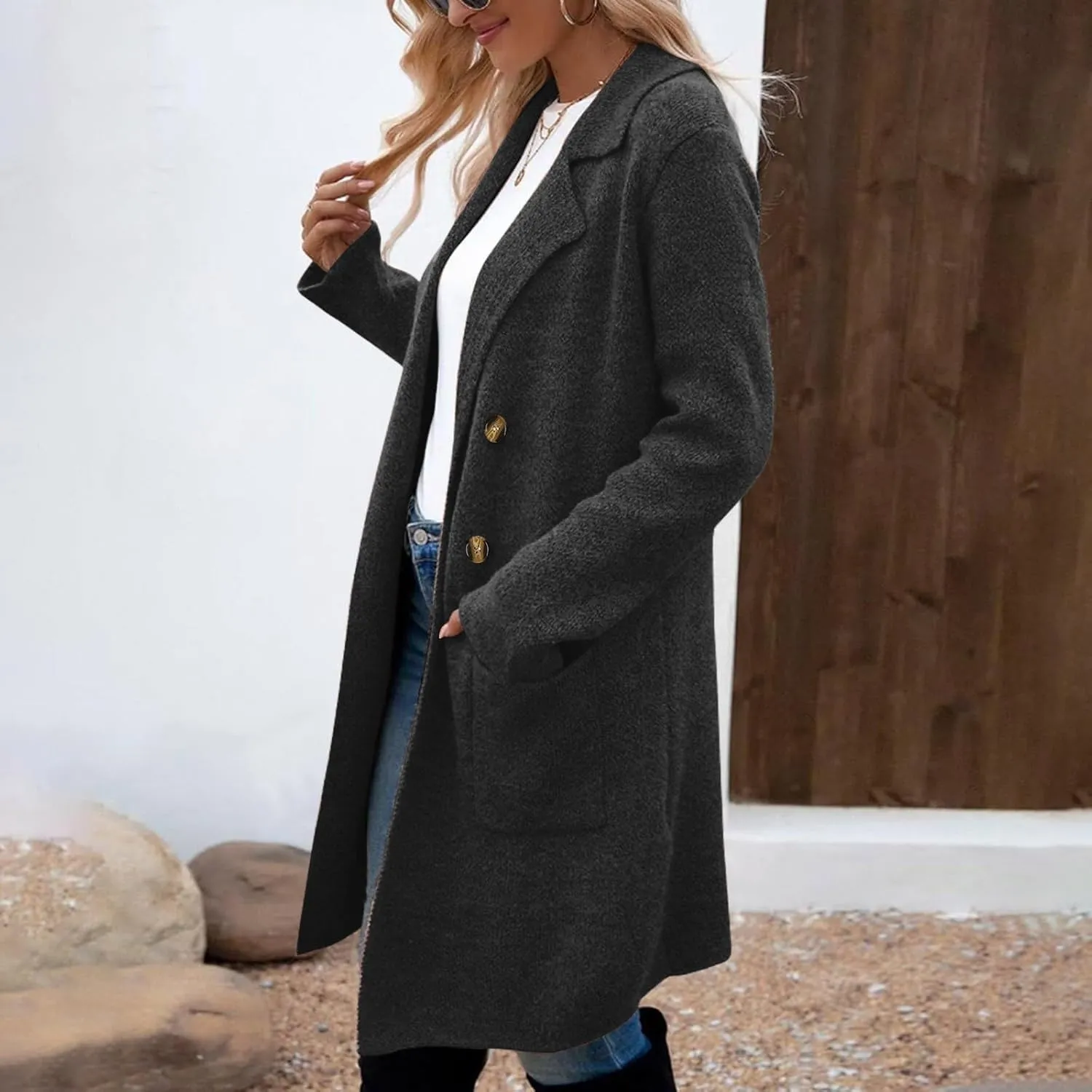 Wool Trench Coat Women Double Breasted Mid Long Coats Jacket Notch Collar Loose Fit Jackets Winter Peacoat with Pocket