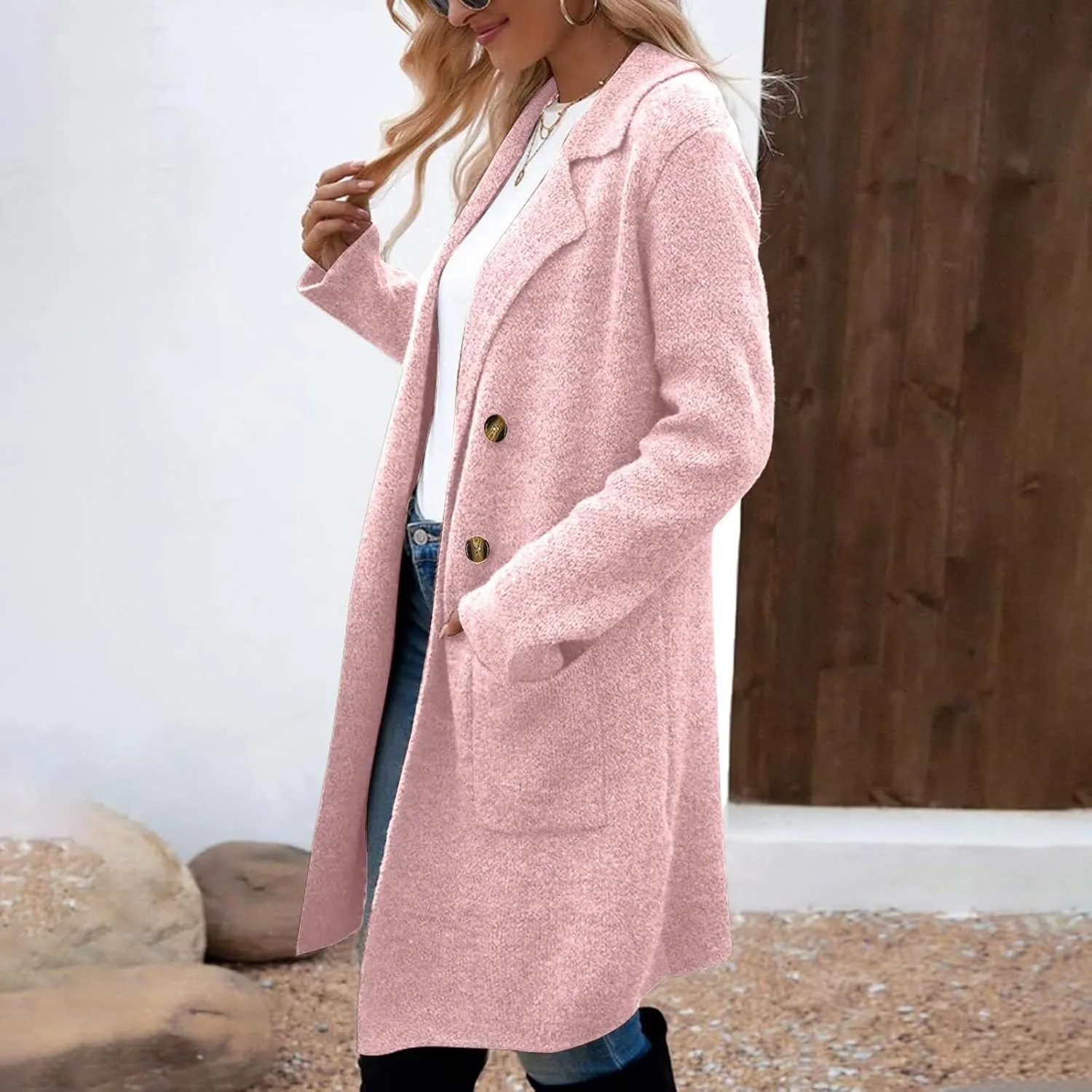 Wool Trench Coat Women Double Breasted Mid Long Coats Jacket Notch Collar Loose Fit Jackets Winter Peacoat with Pocket