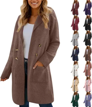 Wool Trench Coat Women Double Breasted Mid Long Coats Jacket Notch Collar Loose Fit Jackets Winter Peacoat with Pocket