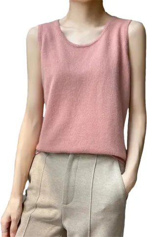 Wvapzxx Spring Summer Women Round Neck Knitted Vest Cashmere Thin Sleeveless Pullover Sweater Camisole