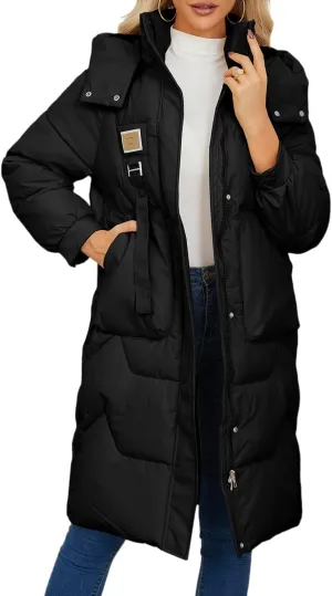 Xixiuly Women's Winter Warm Long Puffer Coat with Removable Hood Thicken Lined Zip Parka Coats Warm Outwear with Big Pockets