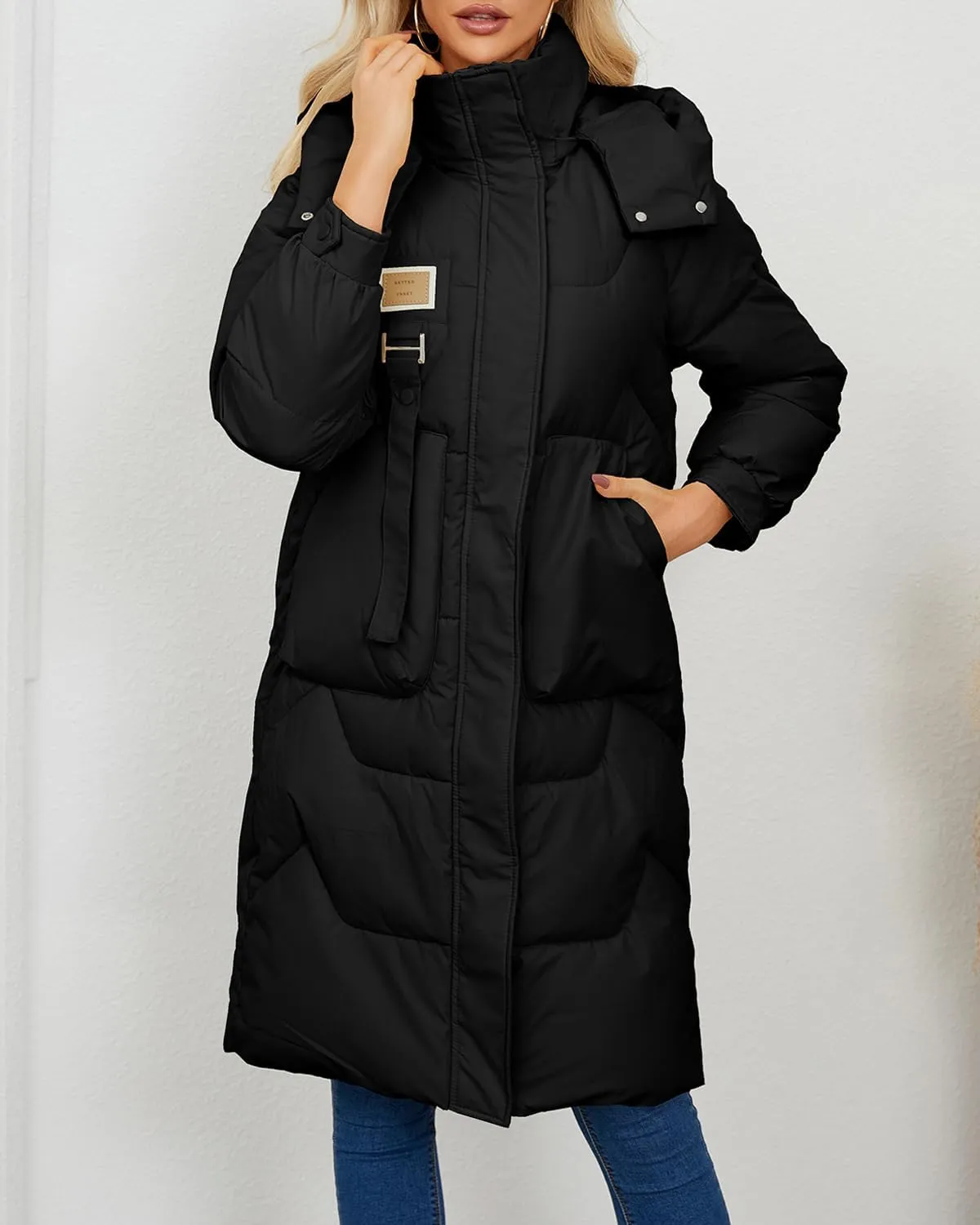 Xixiuly Women's Winter Warm Long Puffer Coat with Removable Hood Thicken Lined Zip Parka Coats Warm Outwear with Big Pockets