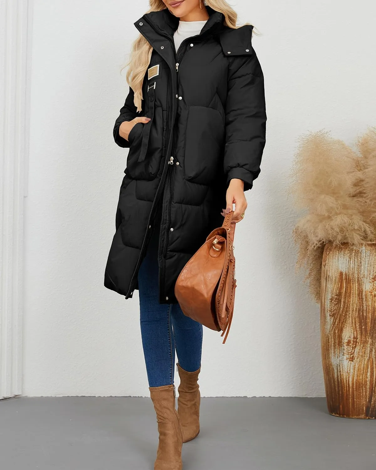 Xixiuly Women's Winter Warm Long Puffer Coat with Removable Hood Thicken Lined Zip Parka Coats Warm Outwear with Big Pockets