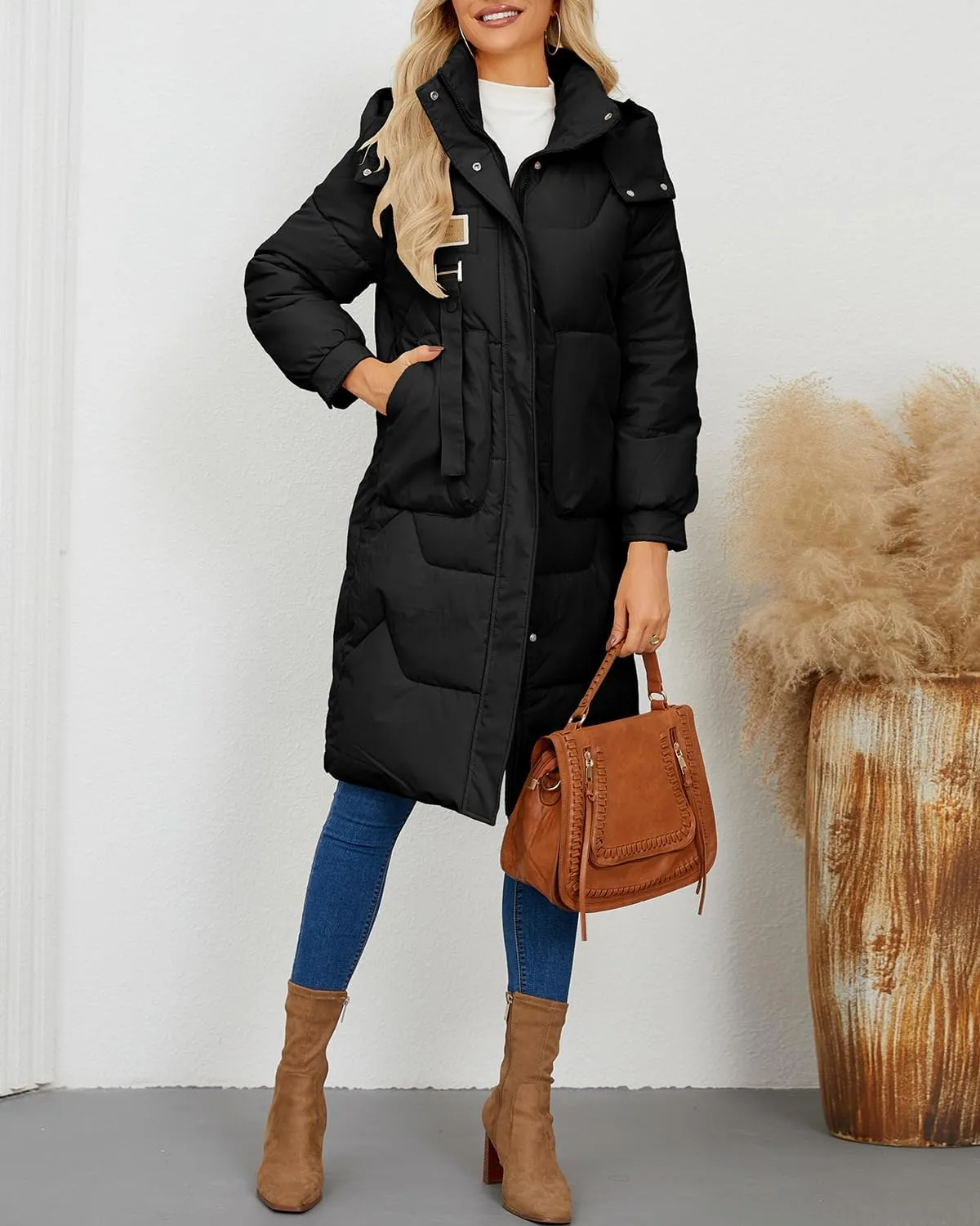 Xixiuly Women's Winter Warm Long Puffer Coat with Removable Hood Thicken Lined Zip Parka Coats Warm Outwear with Big Pockets