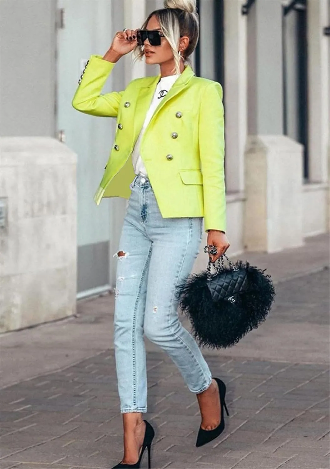 YMING Womens Double Breasted Long Sleeve Blazer Lapel Open Front Jacket Solid Color Work Office Coats with Pockets