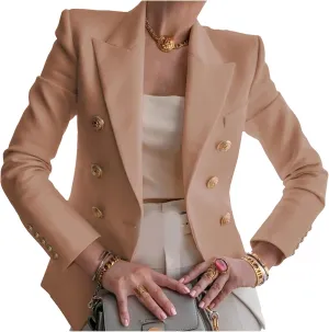 YMING Womens Double Breasted Long Sleeve Blazer Lapel Open Front Jacket Solid Color Work Office Coats with Pockets