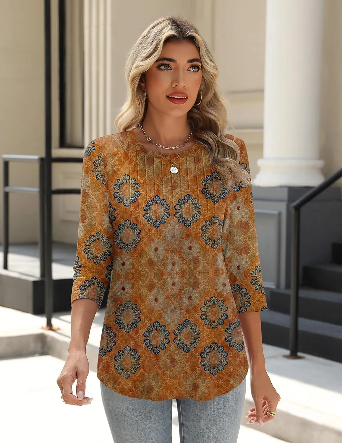 Zeagoo 3/4 Length Sleeve Womens Tops Crew Neck Loose Fit Shirts Pleated Cute Clothes Dressy Casual 2025 Summer Tunics